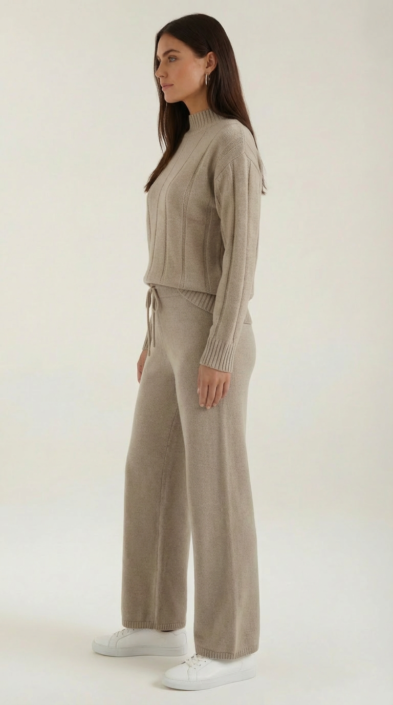 Zweiteiler aus Strickpullover und weiter Hose mit Kordelzug für Damen