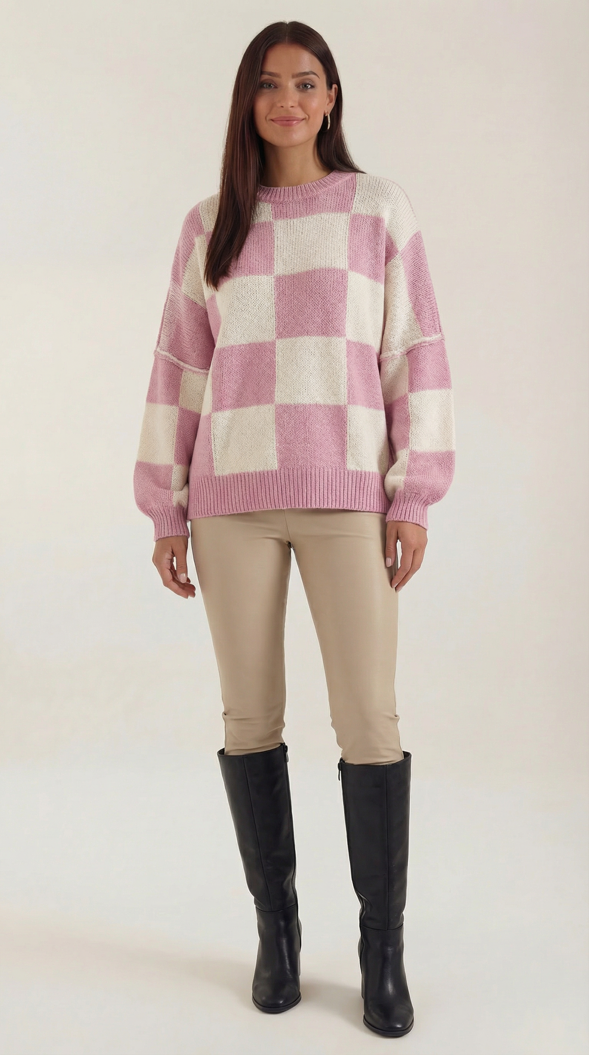 Pullover mit Schachbrettmuster im Oversize-Schnitt für Damen - Hellrosa