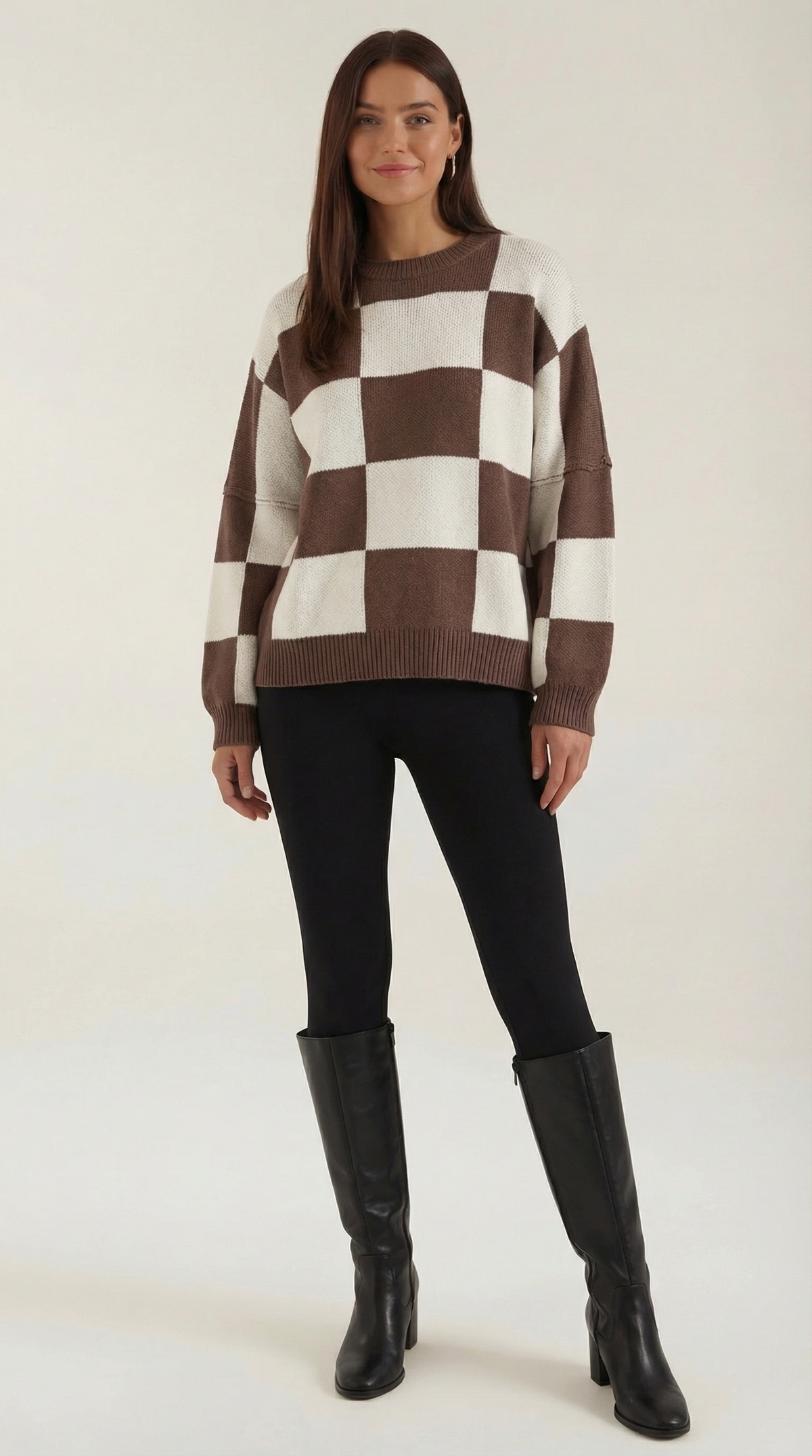 Pullover mit Schachbrettmuster im Oversize-Schnitt für Damen - Braun