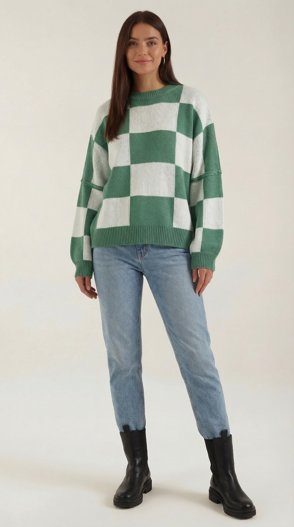 Pullover mit Schachbrettmuster im Oversize-Schnitt für Damen - Grün