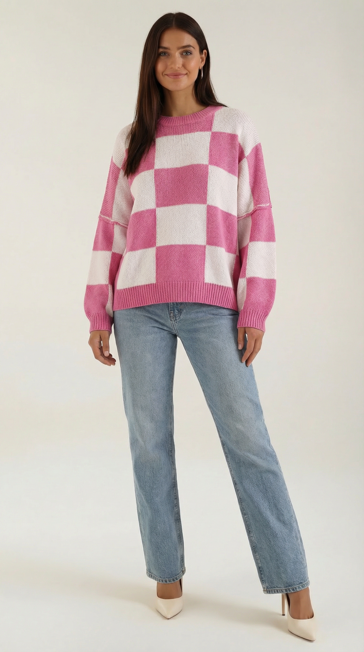 Pullover mit Schachbrettmuster im Oversize-Schnitt für Damen - Knallpink