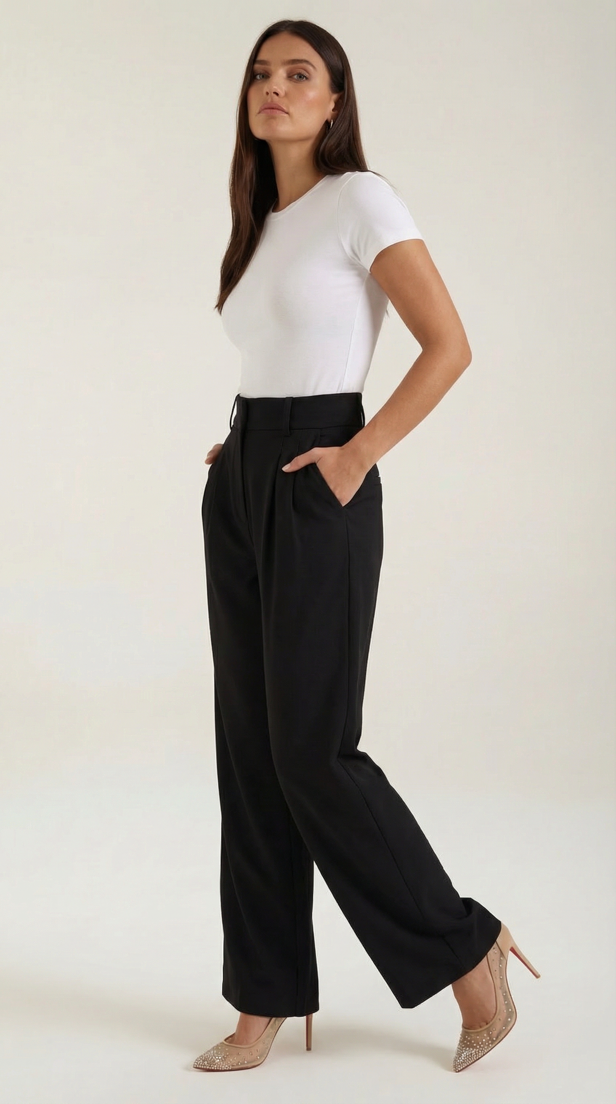 Stoffhose mit Bundfalten, hohem Bund und weitem Bein für Damen