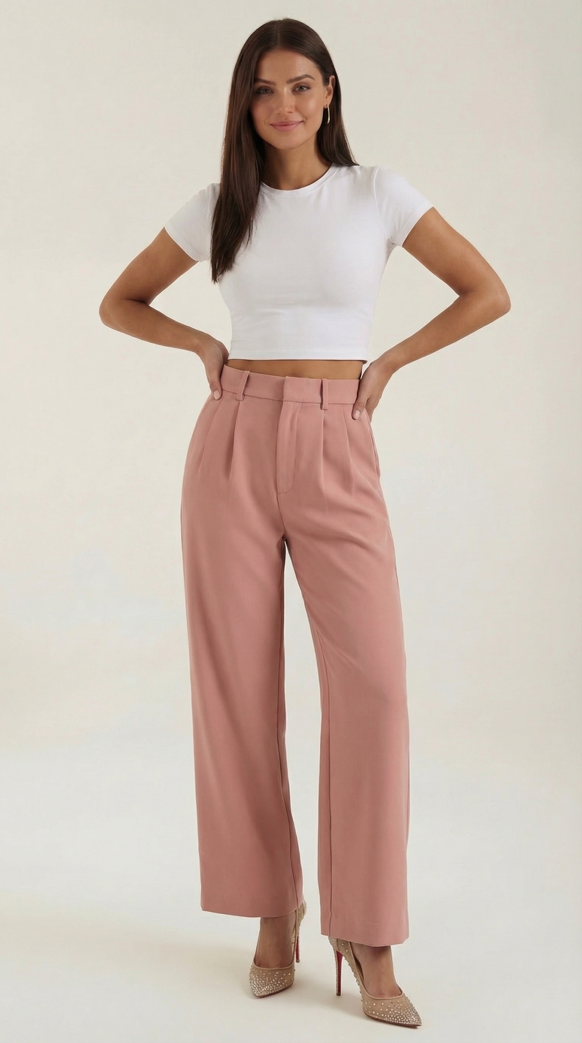 Stoffhose mit Bundfalten, hohem Bund und weitem Bein für Damen - Rosa