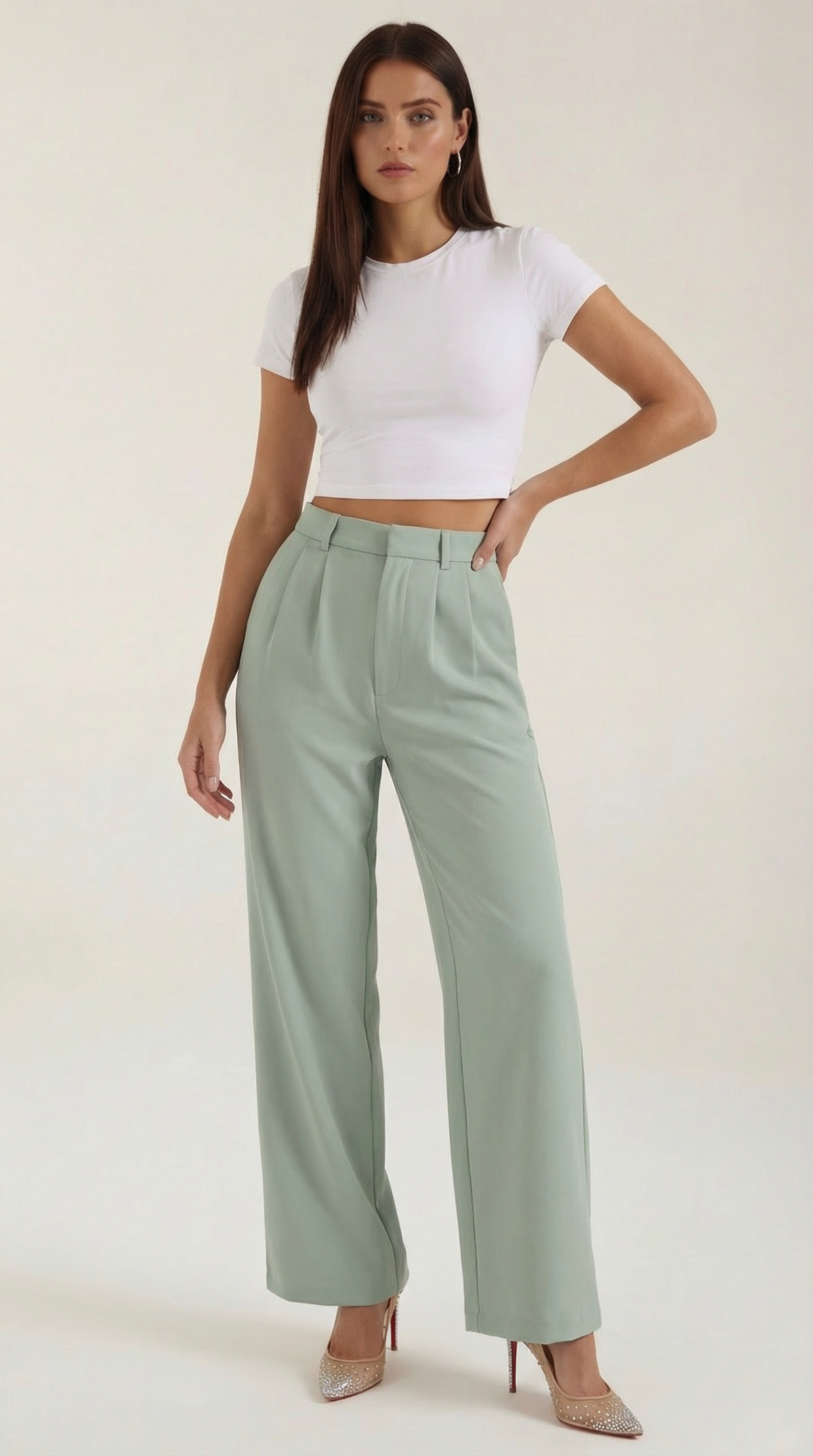 Stoffhose mit Bundfalten, hohem Bund und weitem Bein für Damen - Babyblau