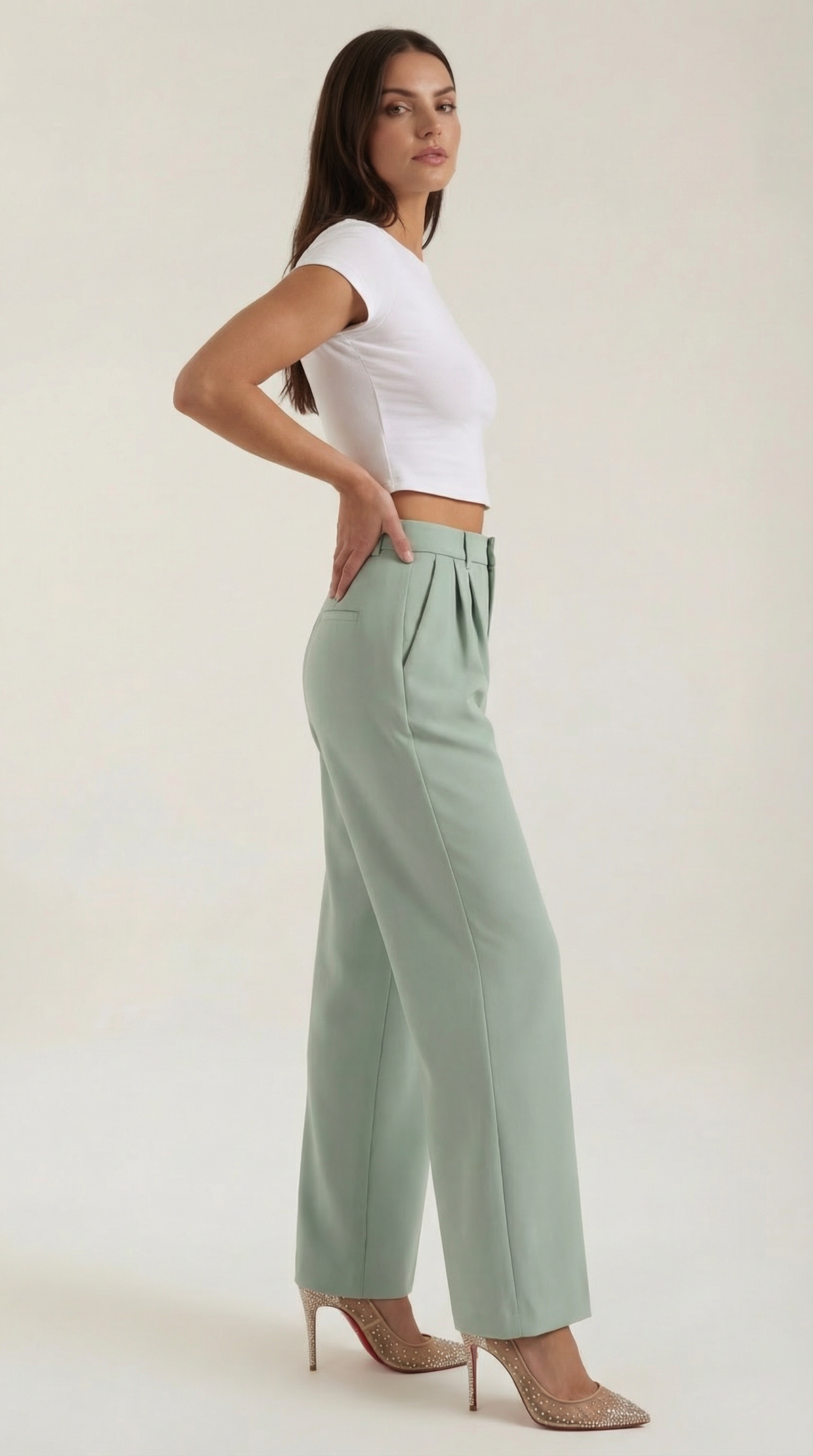 Stoffhose mit Bundfalten, hohem Bund und weitem Bein für Damen
