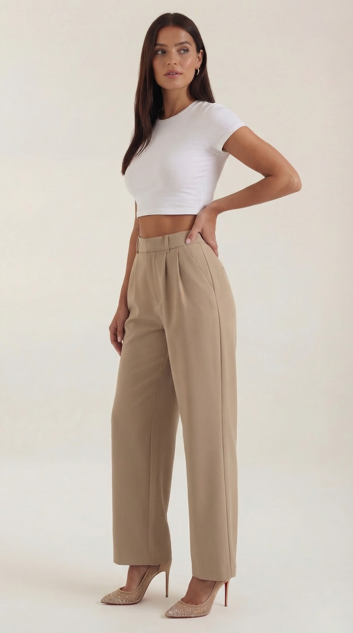 Stoffhose mit Bundfalten, hohem Bund und weitem Bein für Damen