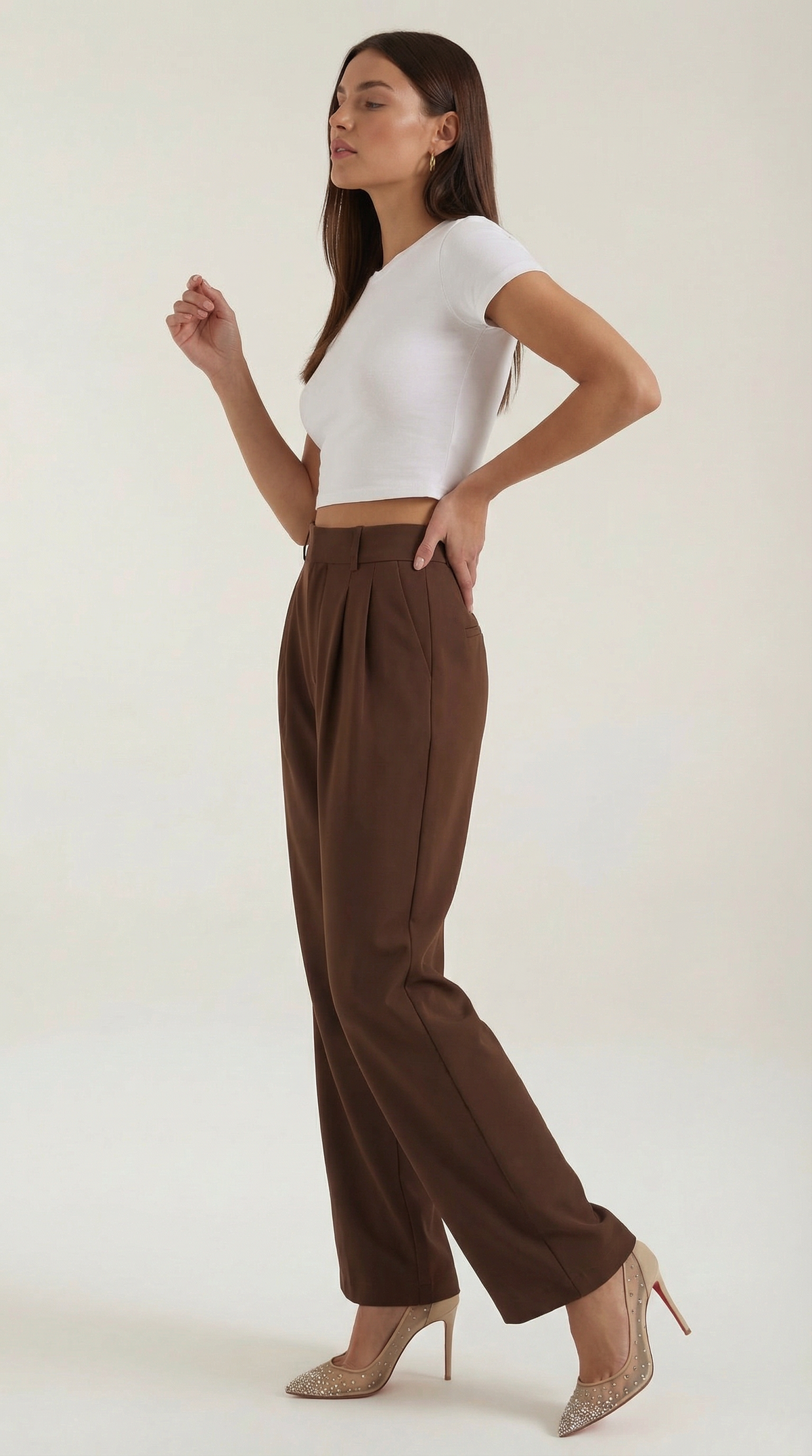Stoffhose mit Bundfalten, hohem Bund und weitem Bein für Damen