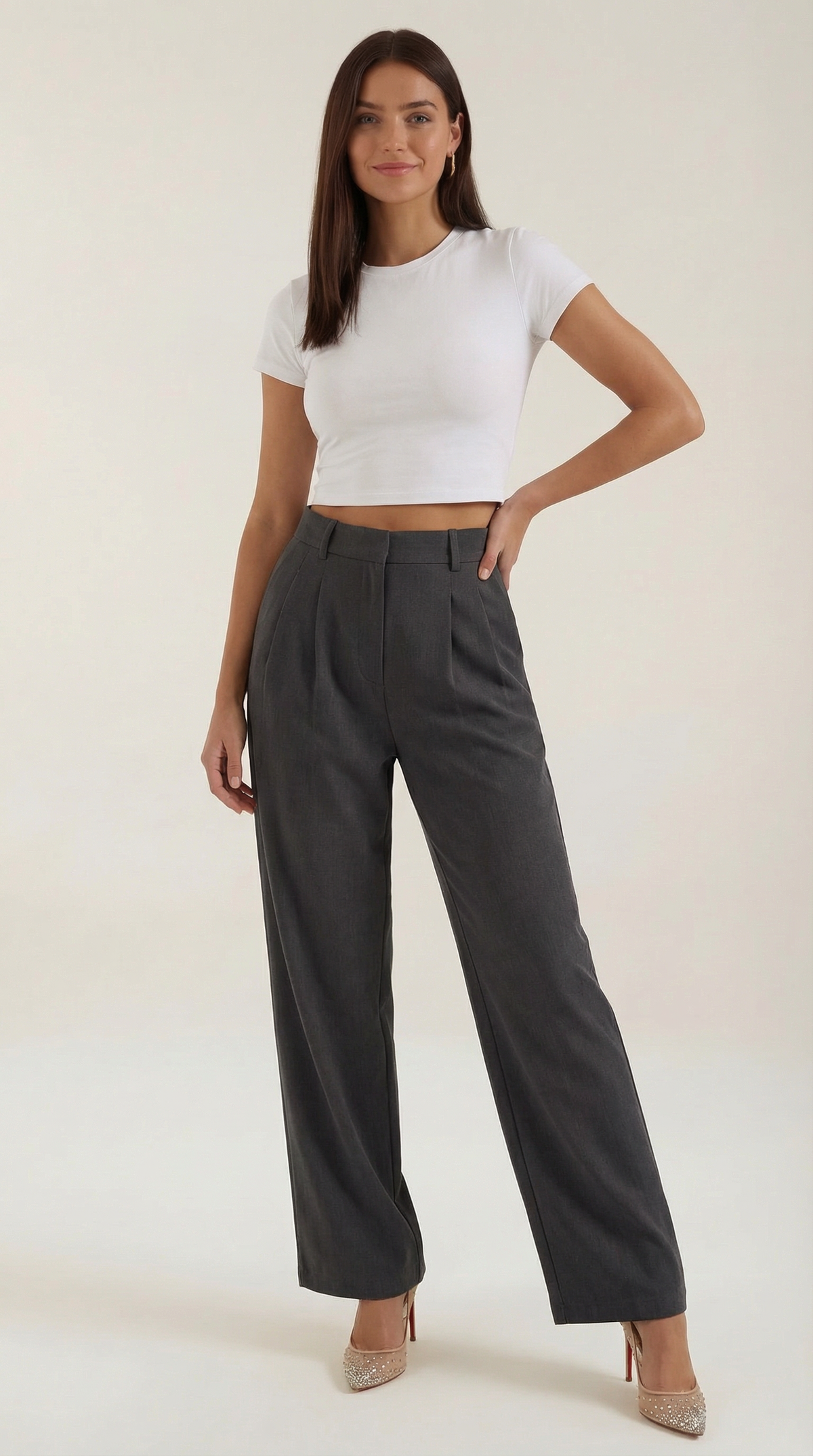 Stoffhose mit Bundfalten, hohem Bund und weitem Bein für Damen - Dunkelgrau