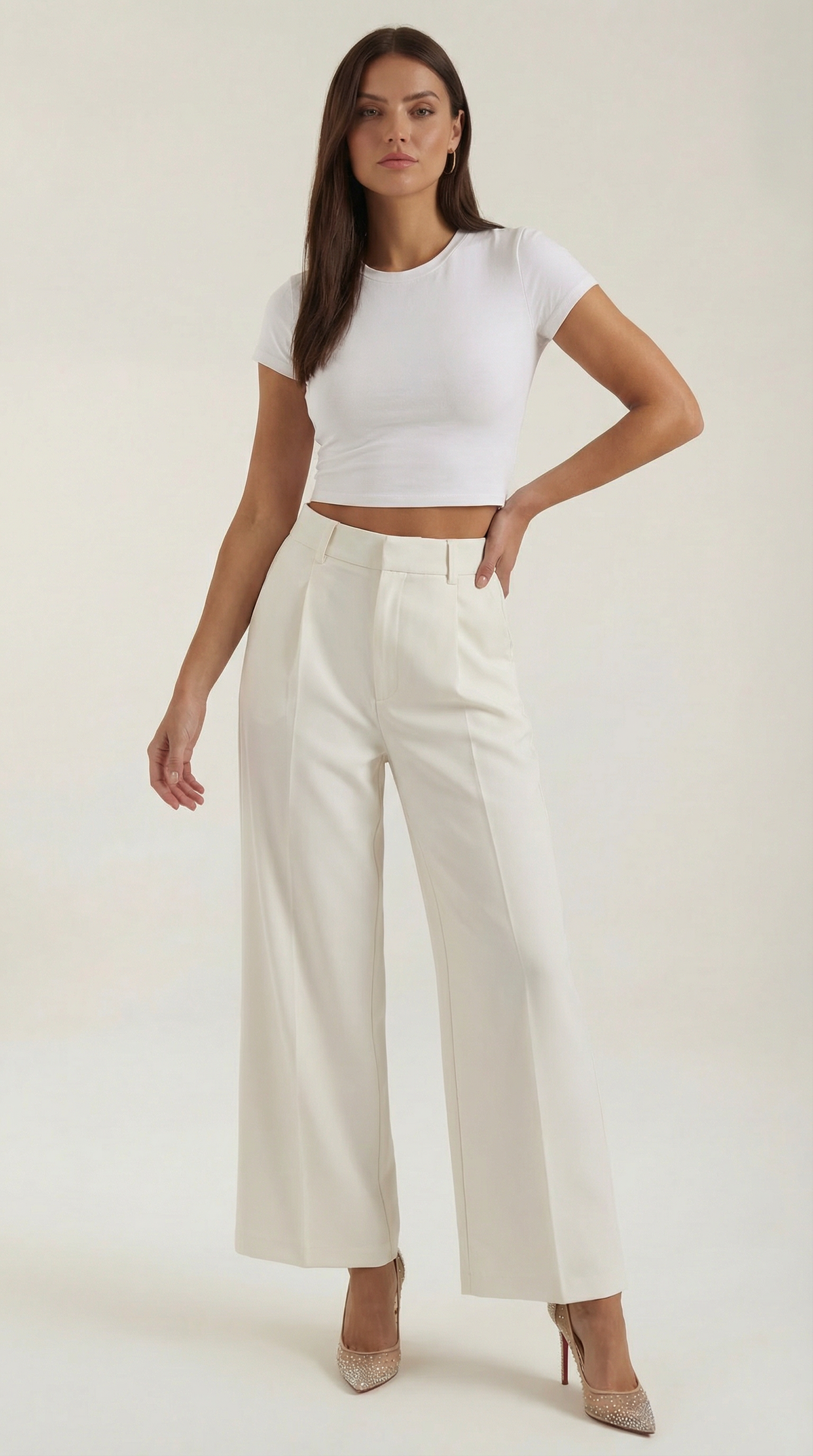 Stoffhose mit Bundfalten, hohem Bund und weitem Bein für Damen - Weiss