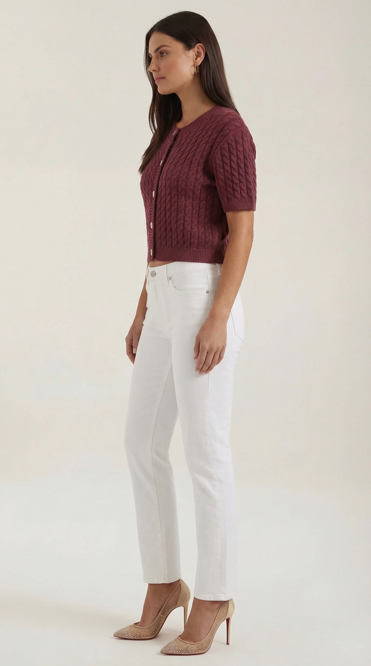 Strickjacke mit Zopfmuster, Kurzarm und Knopfleiste für Damen