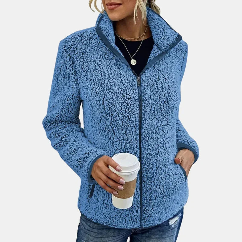 Fleecejacke Damen aus Teddyfleece mit Stehkragen, reguläre Passform