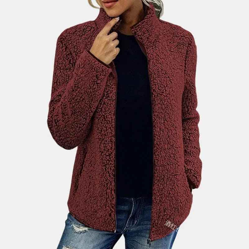 Fleecejacke Damen aus Teddyfleece mit Stehkragen, reguläre Passform