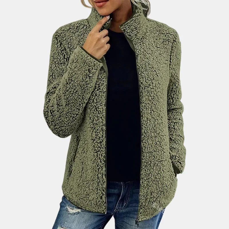 Fleecejacke Damen aus Teddyfleece mit Stehkragen, reguläre Passform
