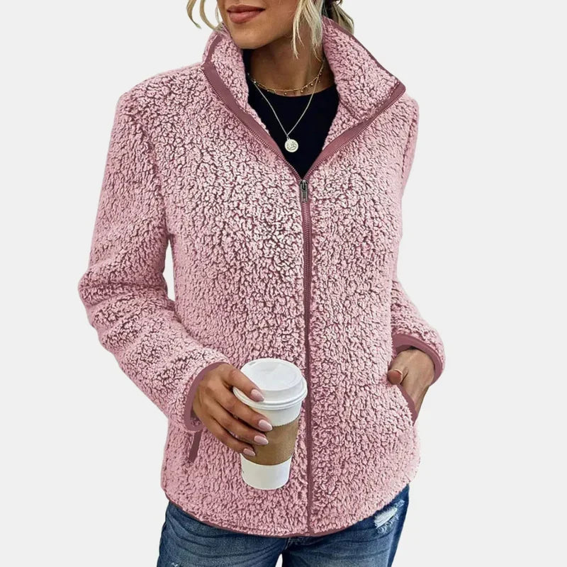 Fleecejacke Damen aus Teddyfleece mit Stehkragen, reguläre Passform