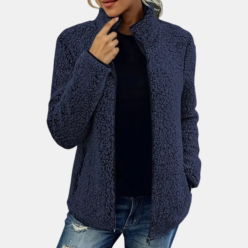 Fleecejacke Damen aus Teddyfleece mit Stehkragen, reguläre Passform