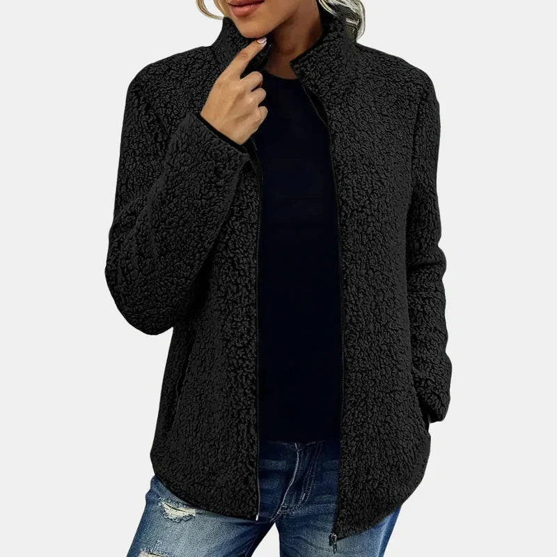 Fleecejacke Damen aus Teddyfleece mit Stehkragen, reguläre Passform