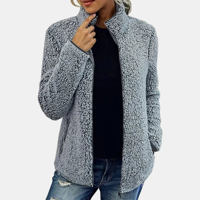 Fleecejacke Damen aus Teddyfleece mit Stehkragen, reguläre Passform