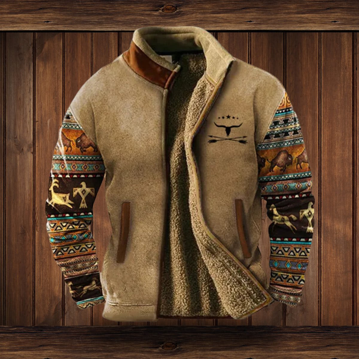 Fleecejacke Herren mit Sherpa-Futter, locker und warm, Azteken-Muster