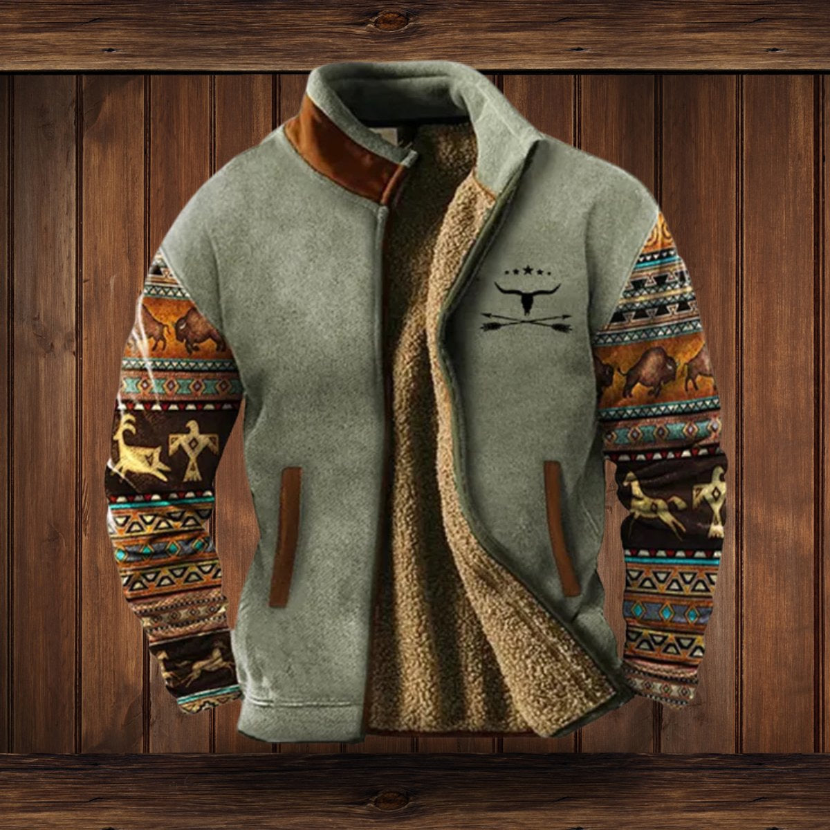 Fleecejacke Herren mit Sherpa-Futter, locker und warm, Azteken-Muster
