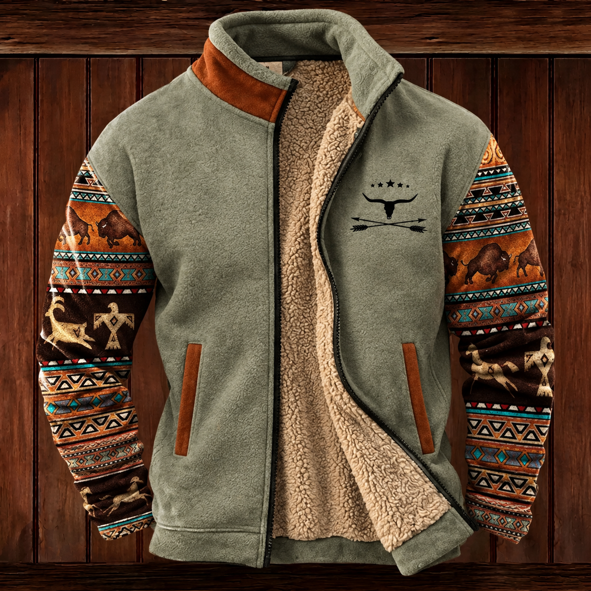 Fleecejacke Herren wärmend, hüftlang mit Stehkragen
