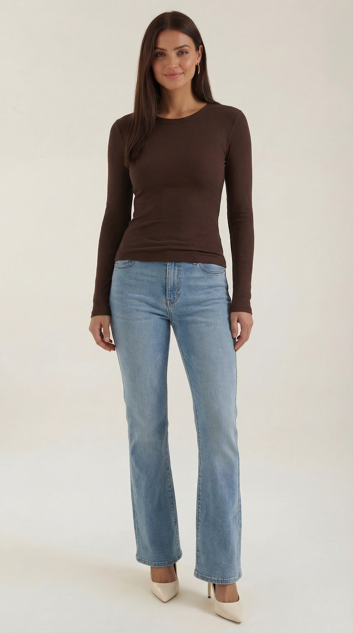 Langarmshirt mit Rundhalsausschnitt in Rippstruktur für Damen - Kaffee
