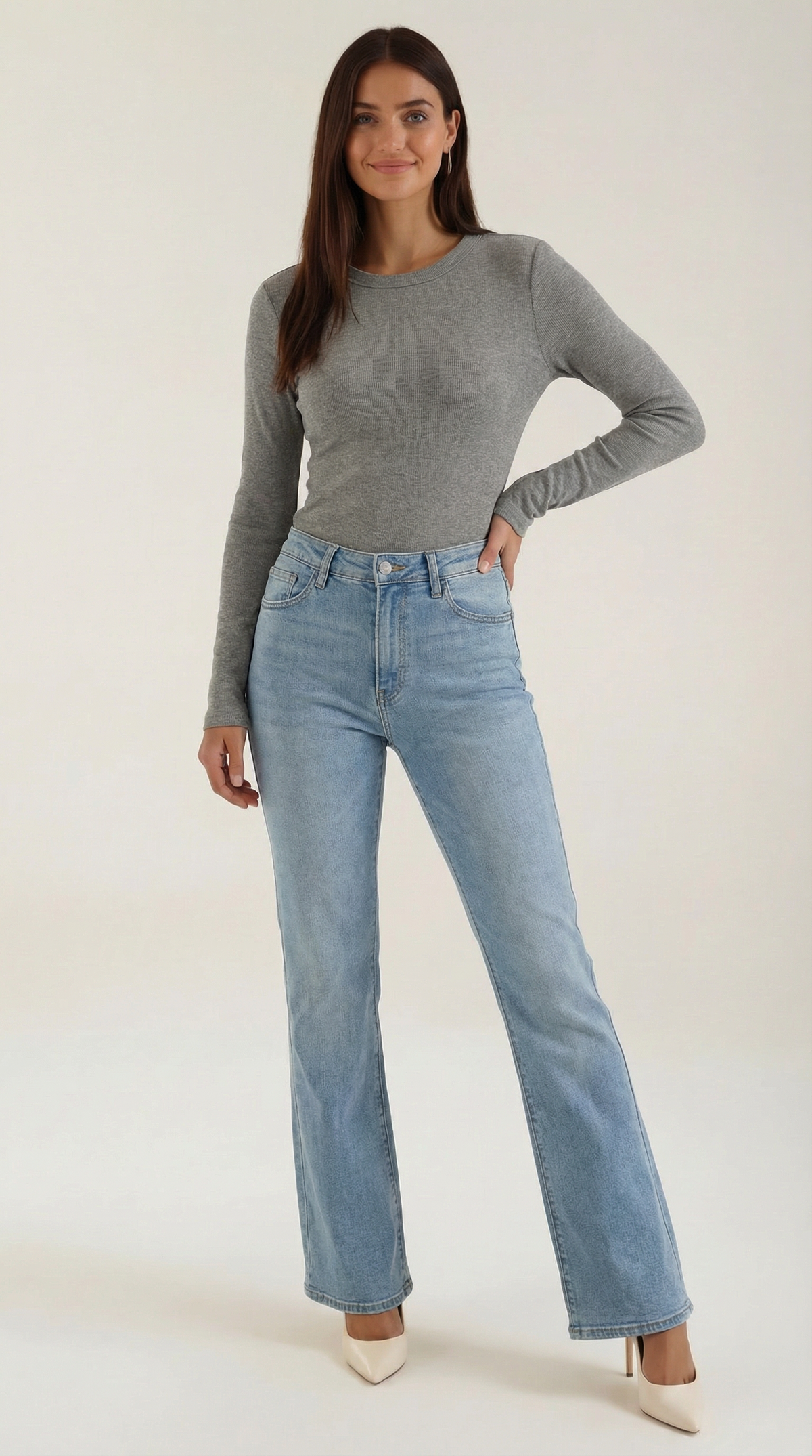 Langarmshirt mit Rundhalsausschnitt in Rippstruktur für Damen - Grau