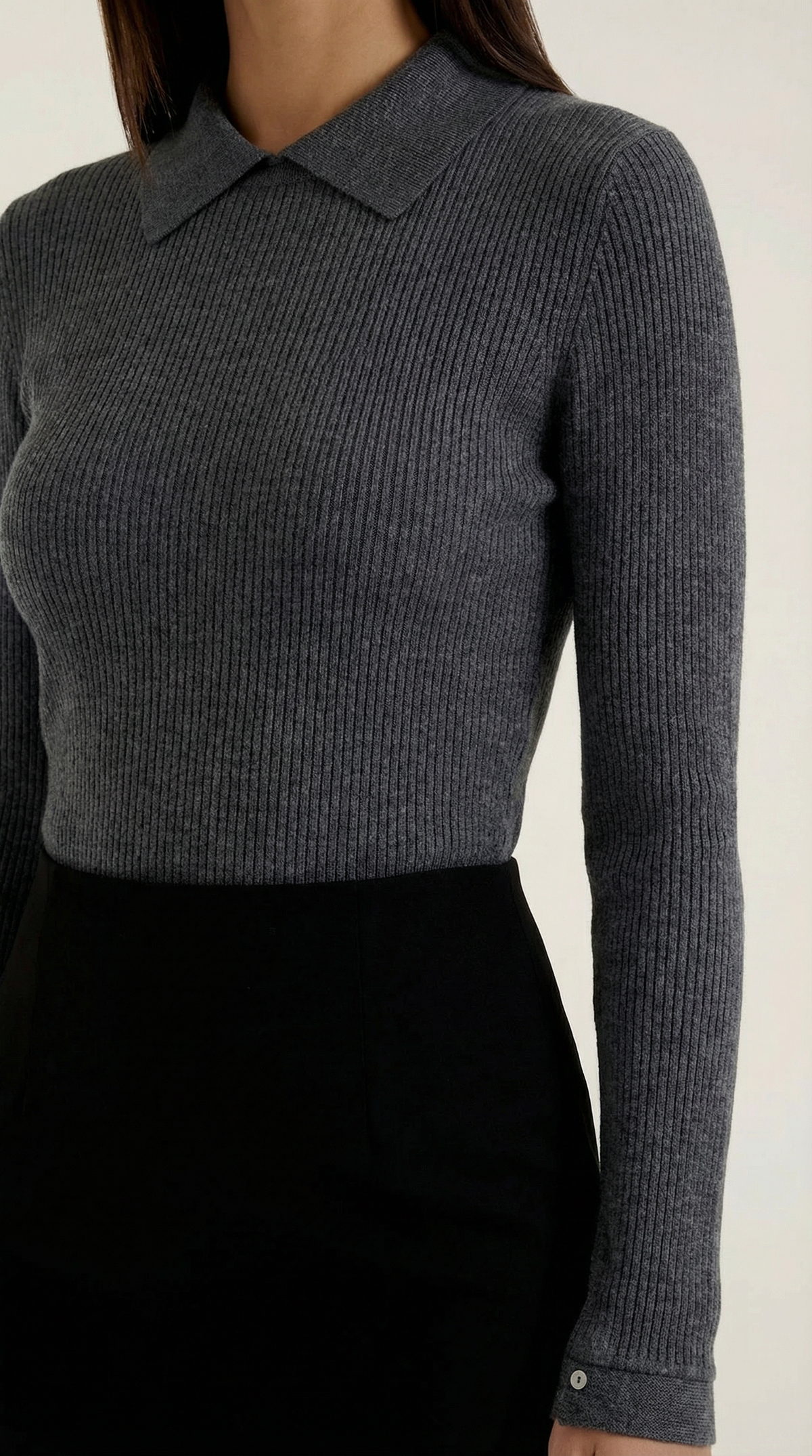 Langarmshirt in Wolloptik mit Kragen und Rippstruktur für Damen