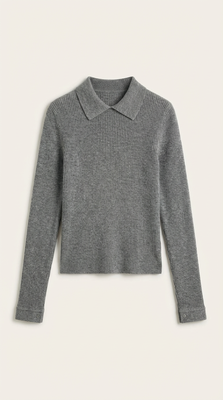 Langarmshirt in Wolloptik mit Kragen und Rippstruktur für Damen