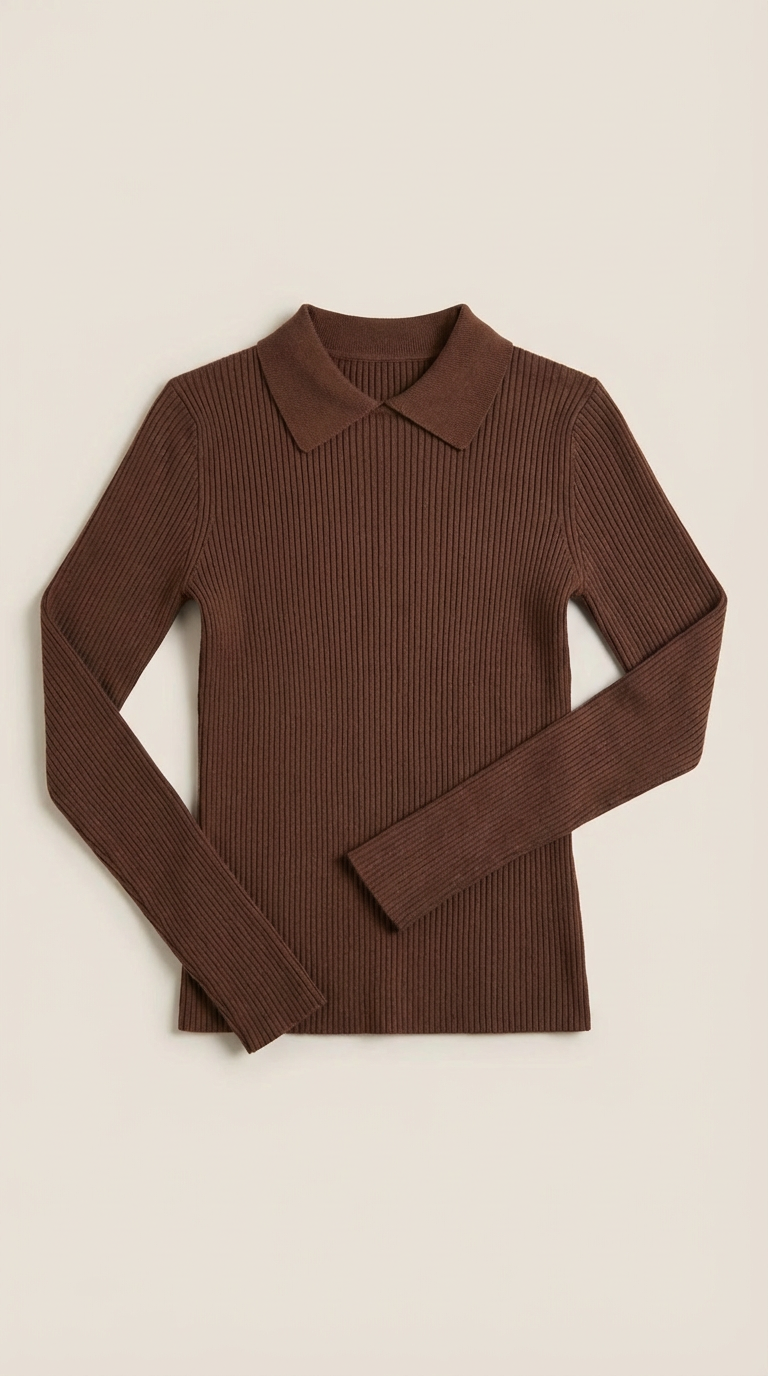 Langarmshirt in Wolloptik mit Kragen und Rippstruktur für Damen