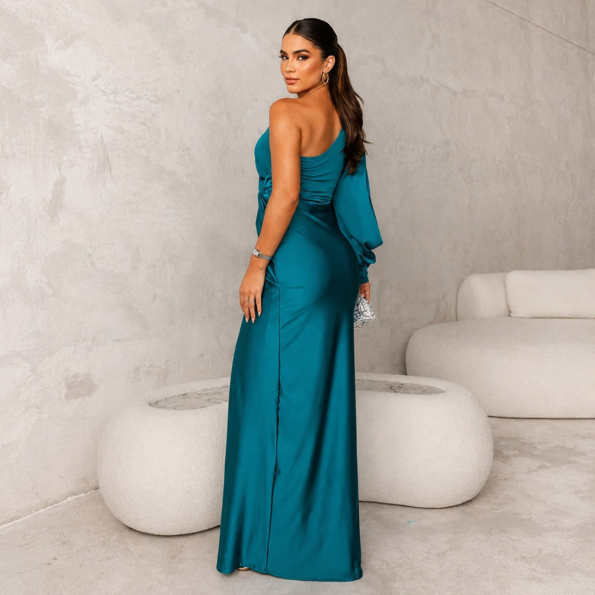 Glitzerkleid Damen bodenlang, figurbetont mit asymmetrischem Ausschnitt