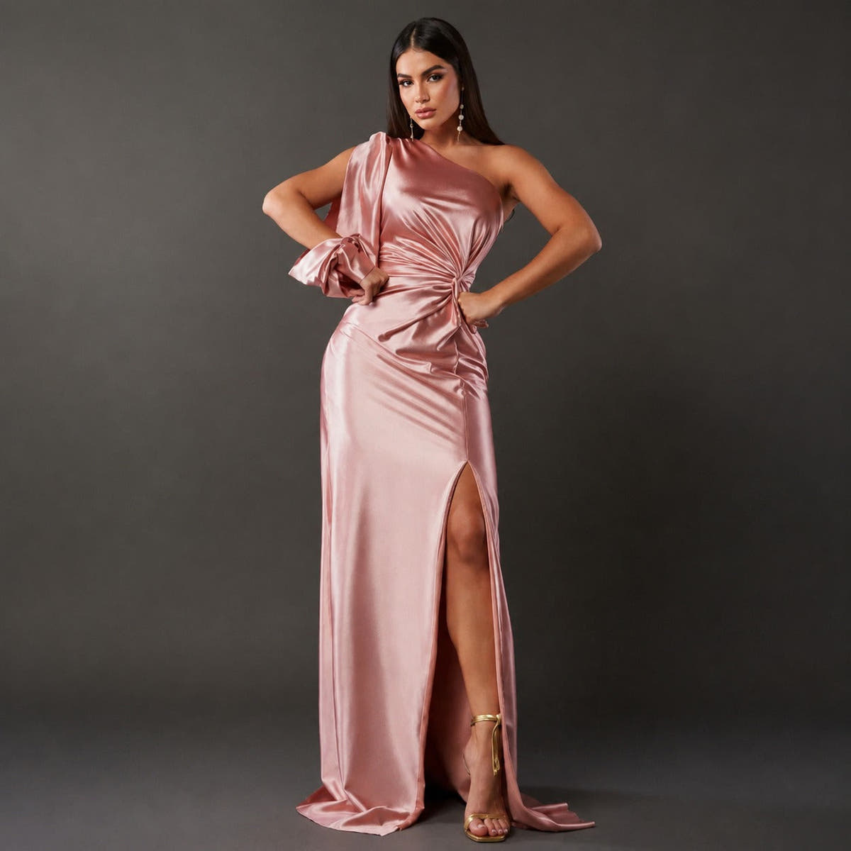 Glitzerkleid Damen bodenlang, figurbetont mit asymmetrischem Ausschnitt
