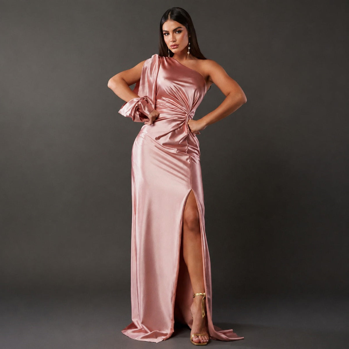 Glitzerkleid Damen bodenlang, figurbetont mit asymmetrischem Ausschnitt