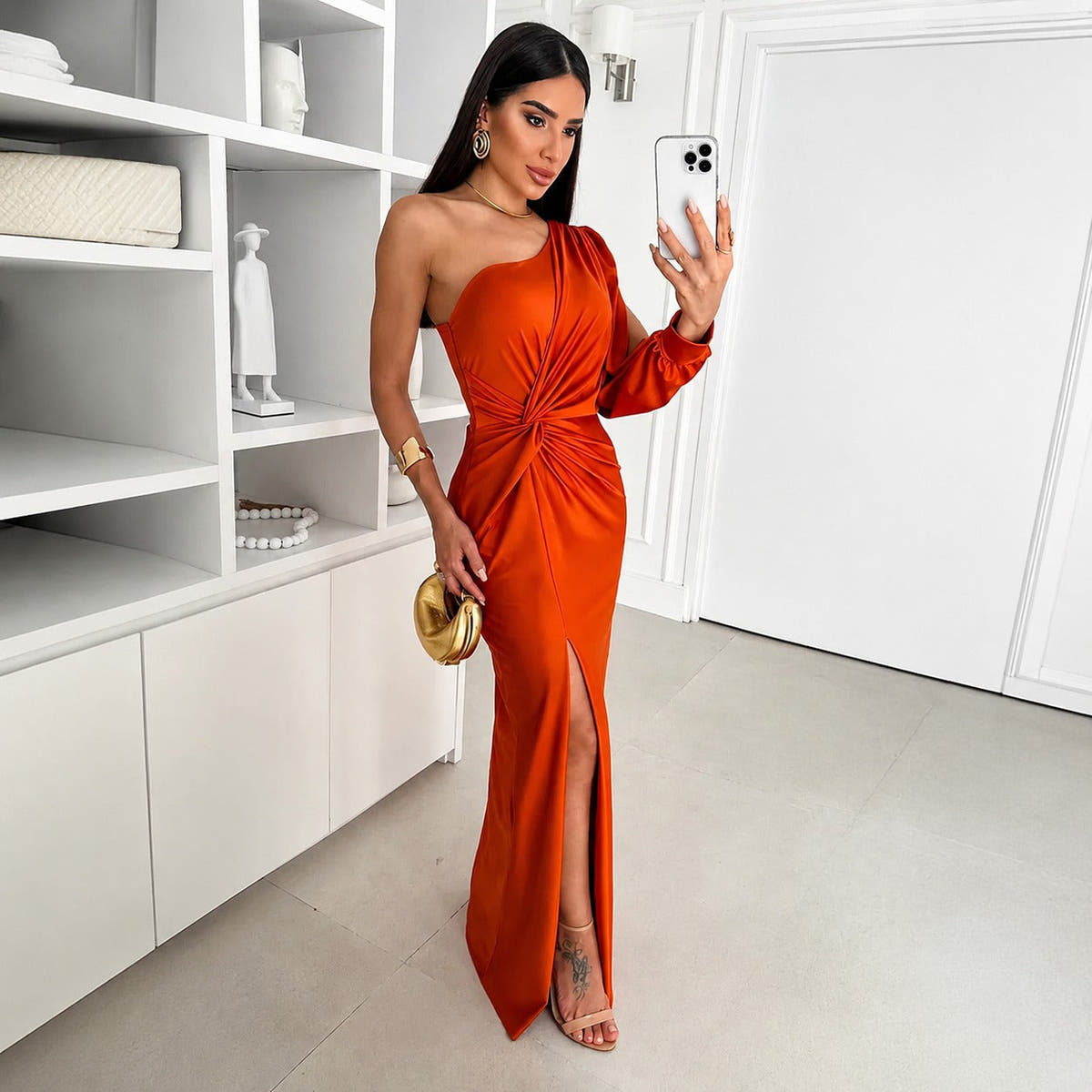 Glitzerkleid Damen bodenlang, figurbetont mit asymmetrischem Ausschnitt