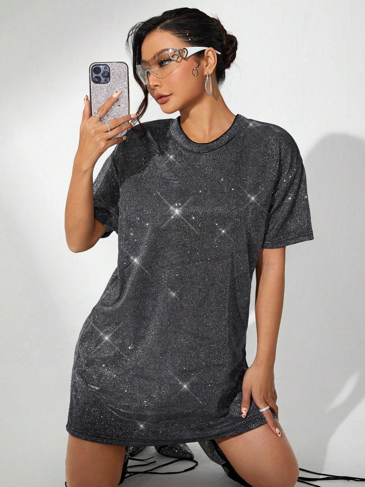 Glitzerkleid Damen mit Pailletten, schulterfreies T-Shirt-Kleid