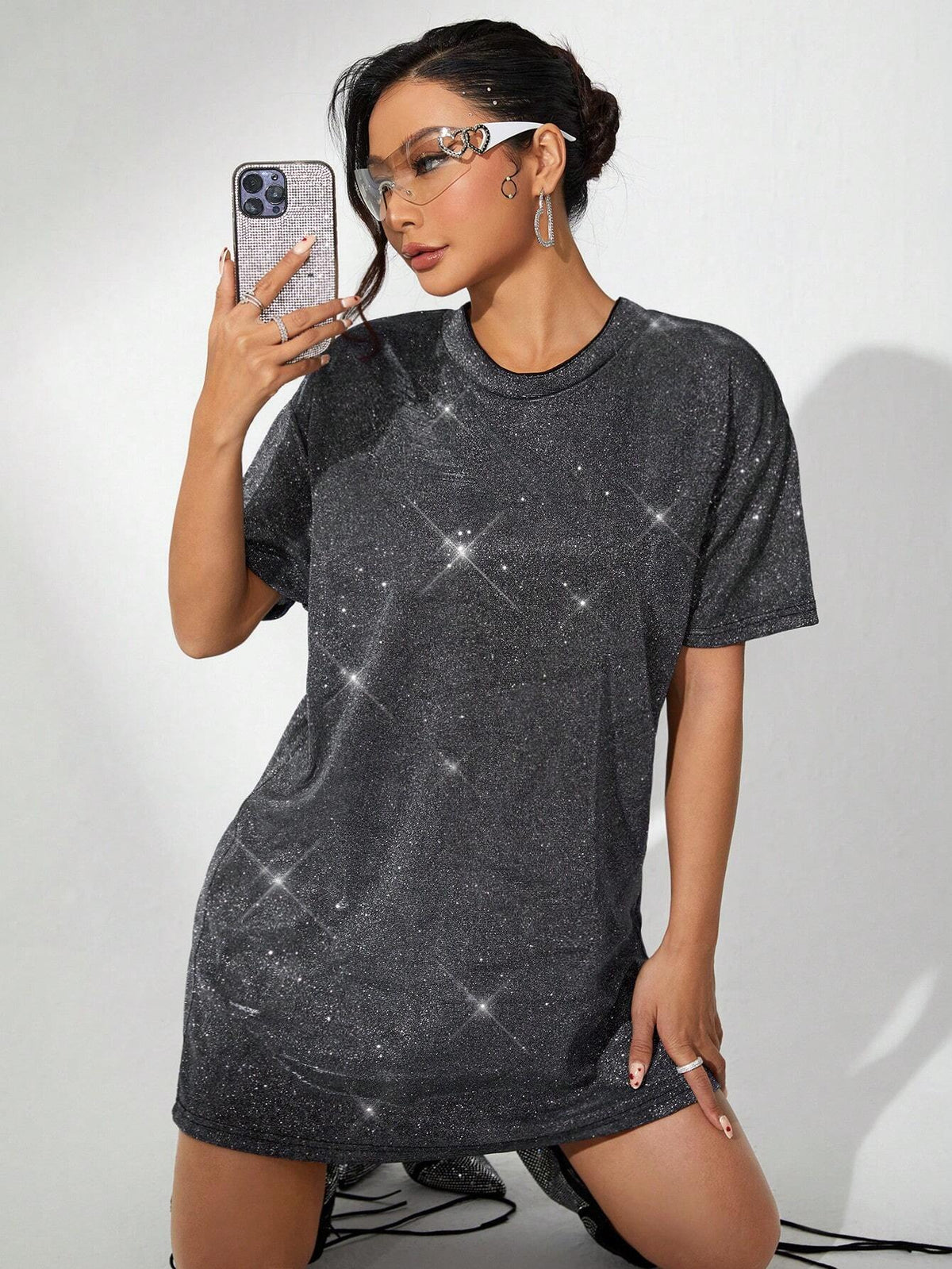 Glitzerkleid Damen mit Pailletten, schulterfreies T-Shirt-Kleid
