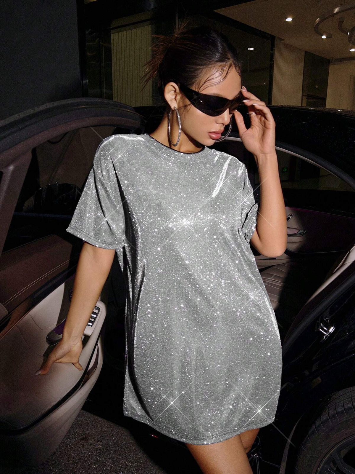 Glitzerkleid Damen mit Pailletten, schulterfreies T-Shirt-Kleid