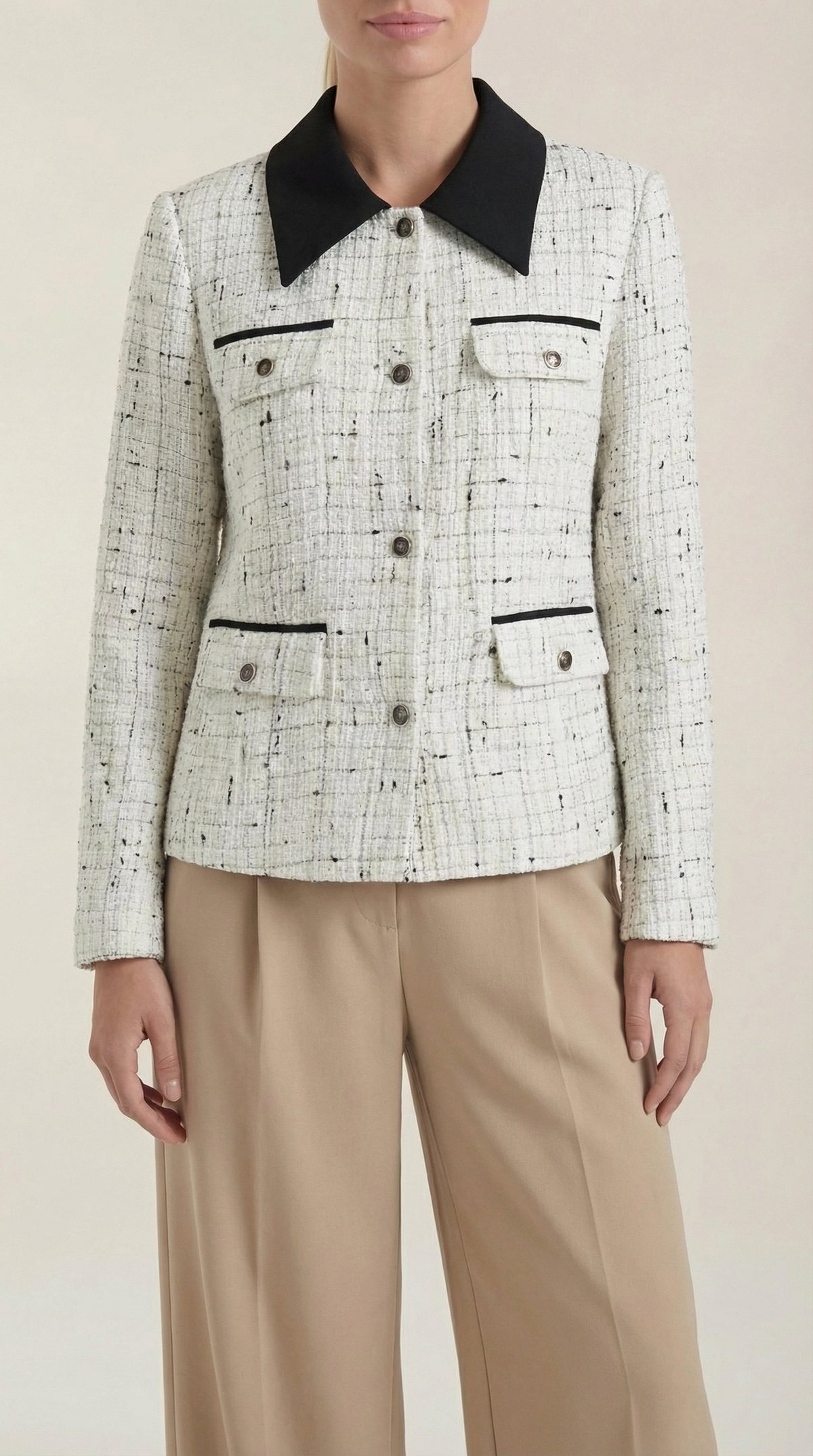 Jacke in Tweed-Optik mit Kontrastkragen und Knopfleiste für Damen