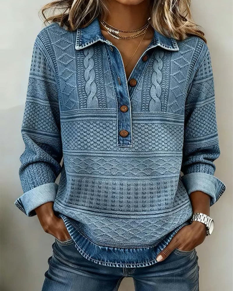 Hoodie Damen aus Strick in Jeansoptik mit Polokragen