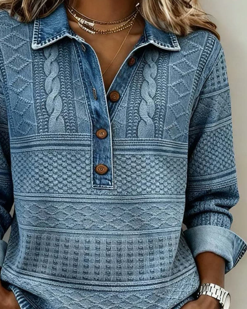 Hoodie Damen aus Strick in Jeansoptik mit Polokragen