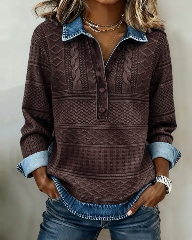 Hoodie Damen aus Strick in Jeansoptik mit Polokragen