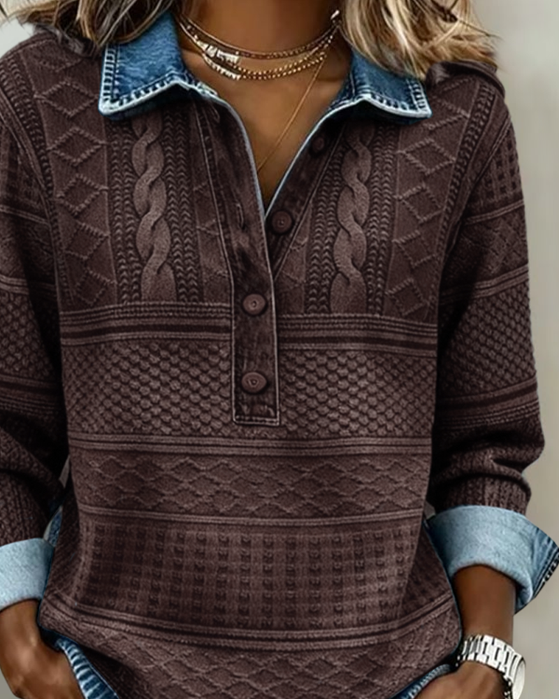 Hoodie Damen aus Strick in Jeansoptik mit Polokragen