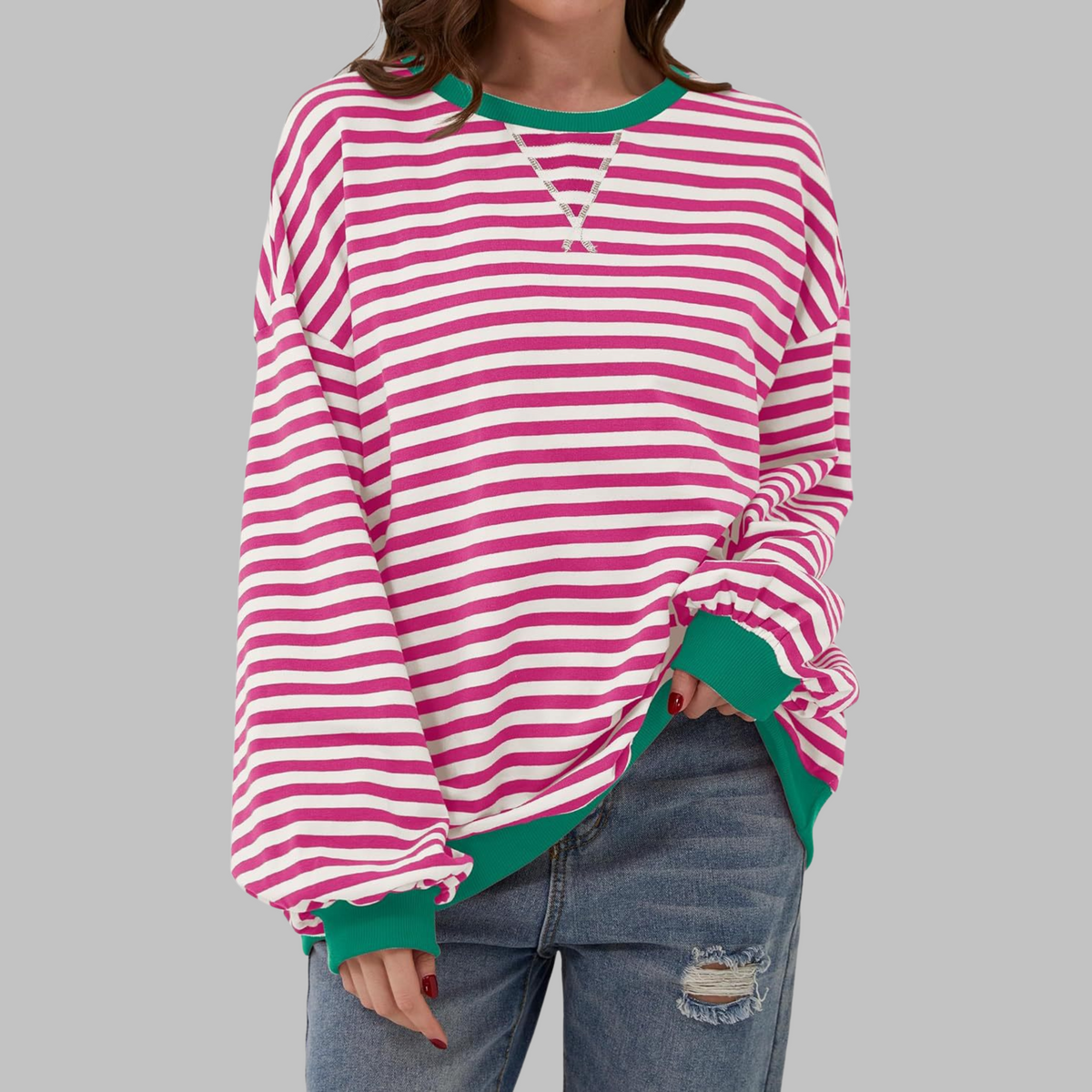 Hoodie Damen Oversize hüftlang mit Rundhalsausschnitt und Ballonärmeln
