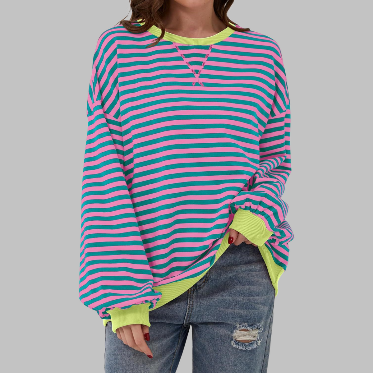 Hoodie Damen Oversize hüftlang mit Rundhalsausschnitt und Ballonärmeln