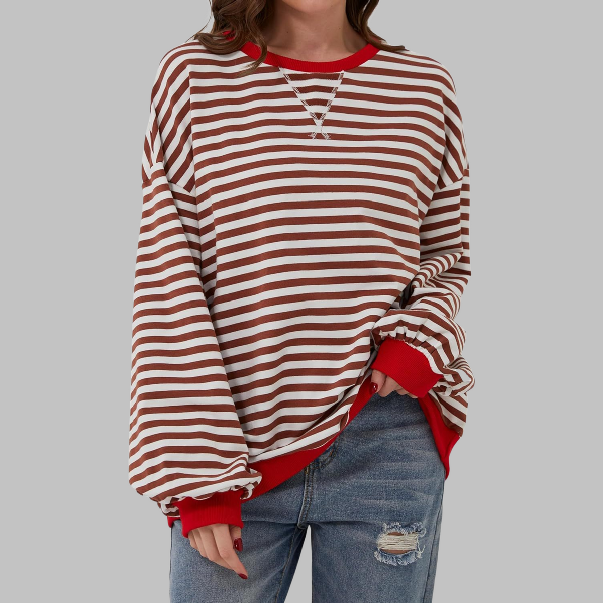 Hoodie Damen Oversize hüftlang mit Rundhalsausschnitt und Ballonärmeln
