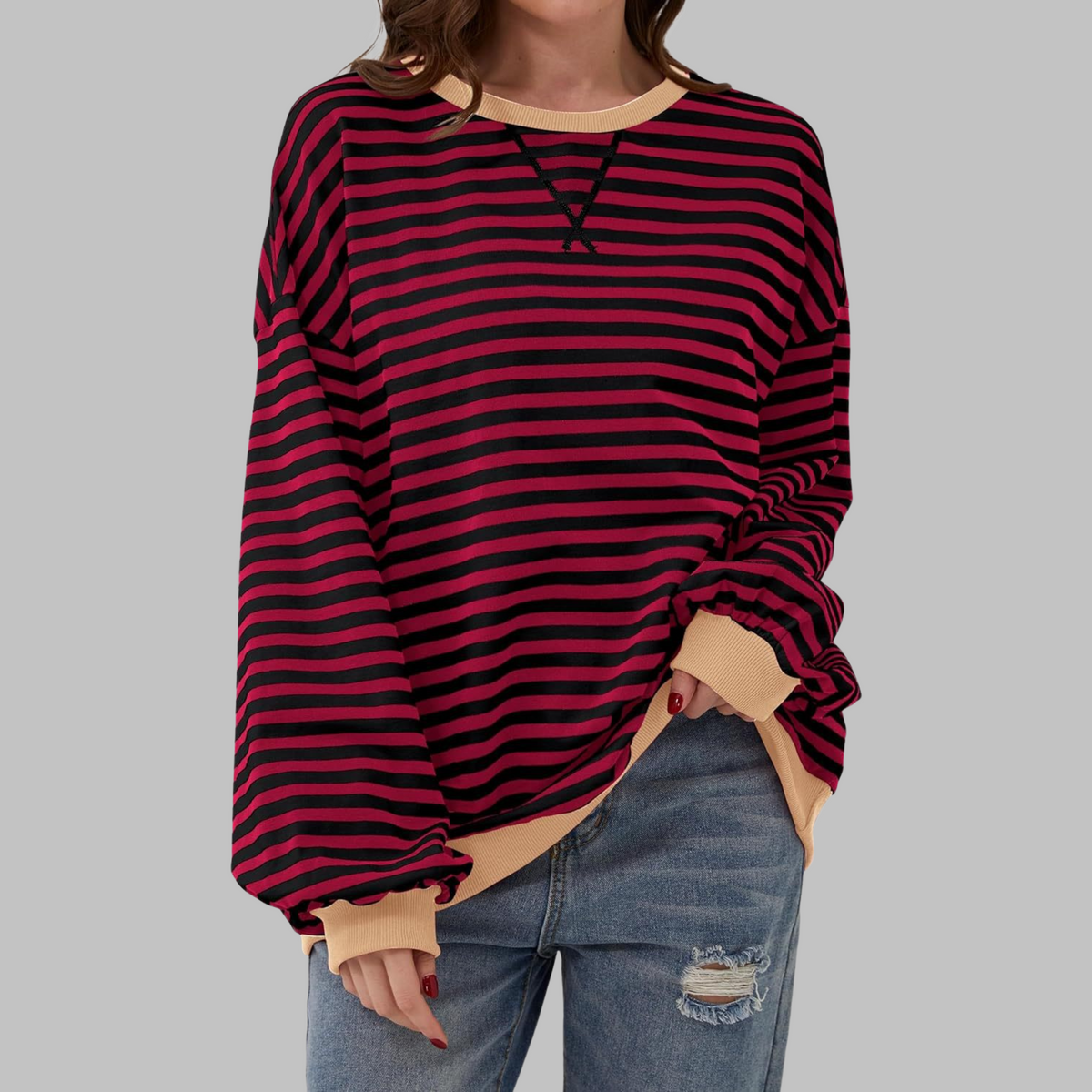Hoodie Damen Oversize hüftlang mit Rundhalsausschnitt und Ballonärmeln