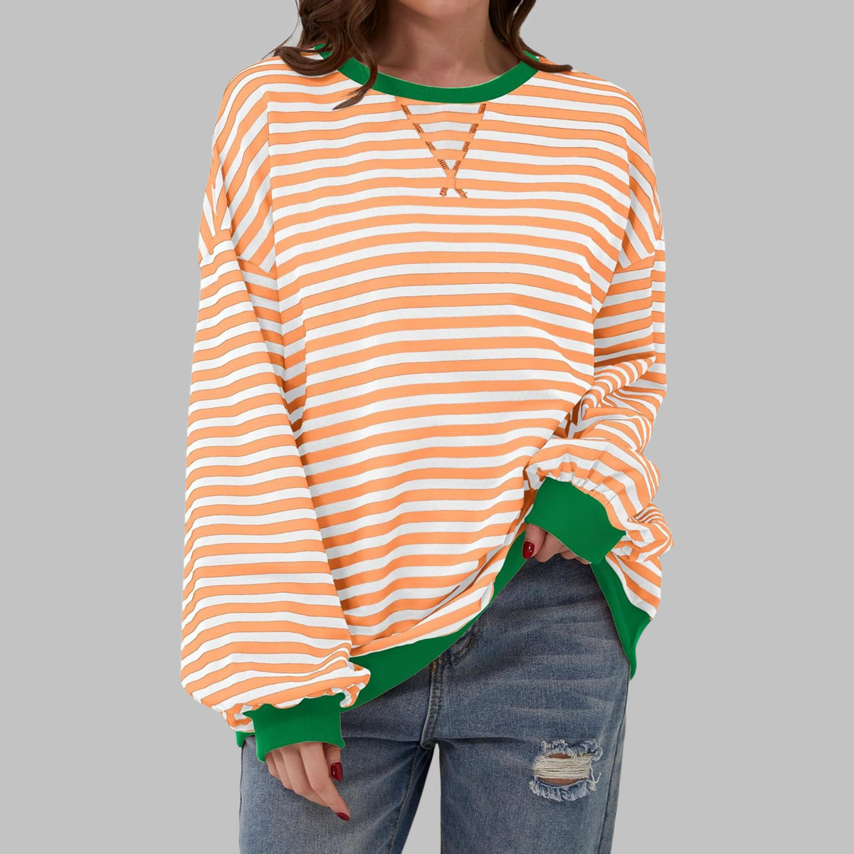 Hoodie Damen Oversize hüftlang mit Rundhalsausschnitt und Ballonärmeln