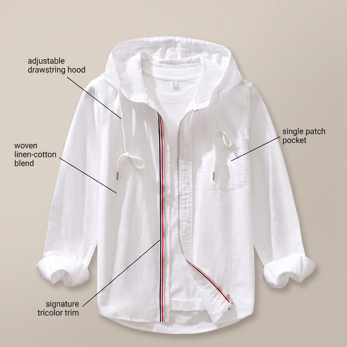 Hoodie Herren aus Leinen-Baumwollmischung, leicht und locker