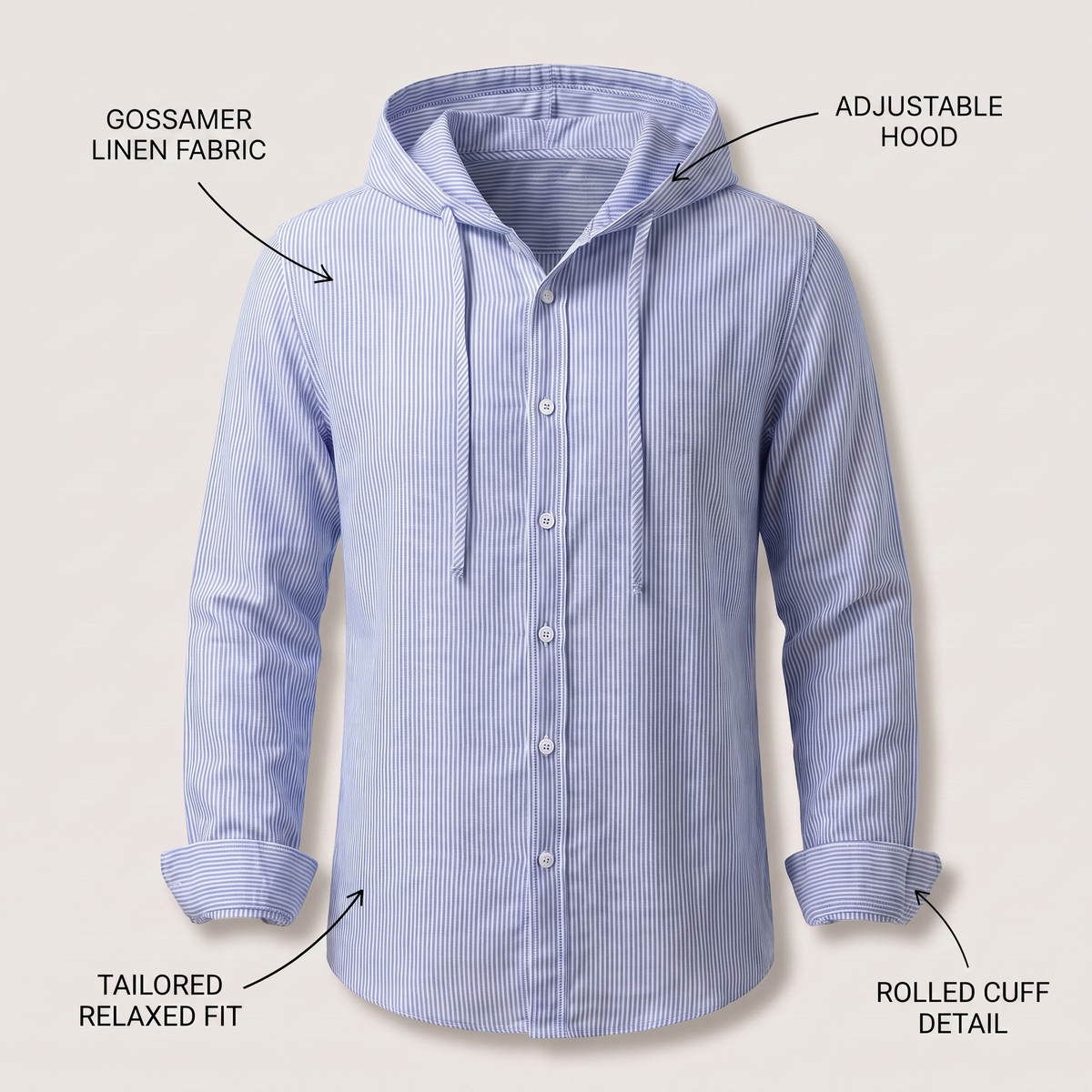 Hoodie Herren aus Leinen, locker geschnitten mit Knopfleiste