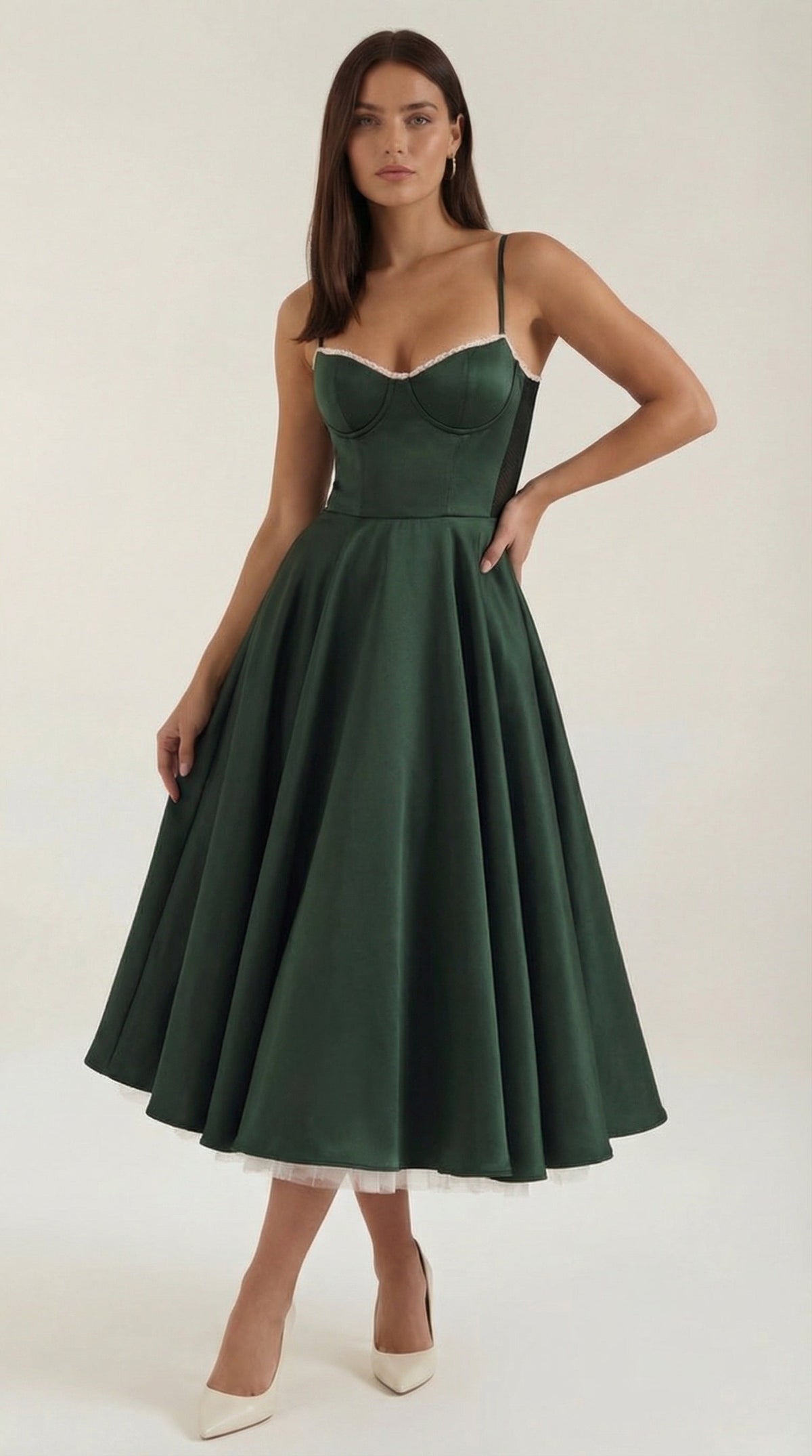 Midikleid mit Herzausschnitt, Tüllrock und Taschen für Damen - Dunkelgrün