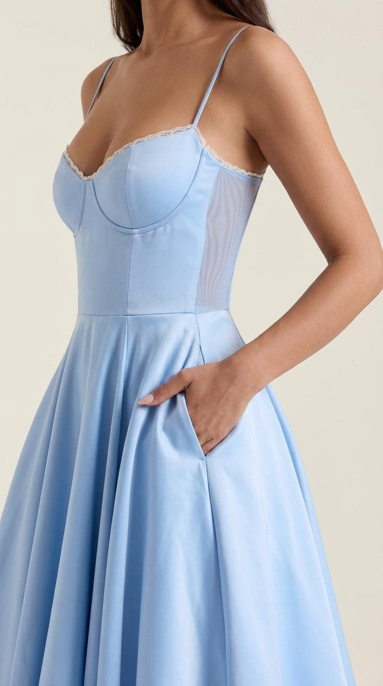 Midikleid mit Herzausschnitt, Tüllrock und Taschen für Damen